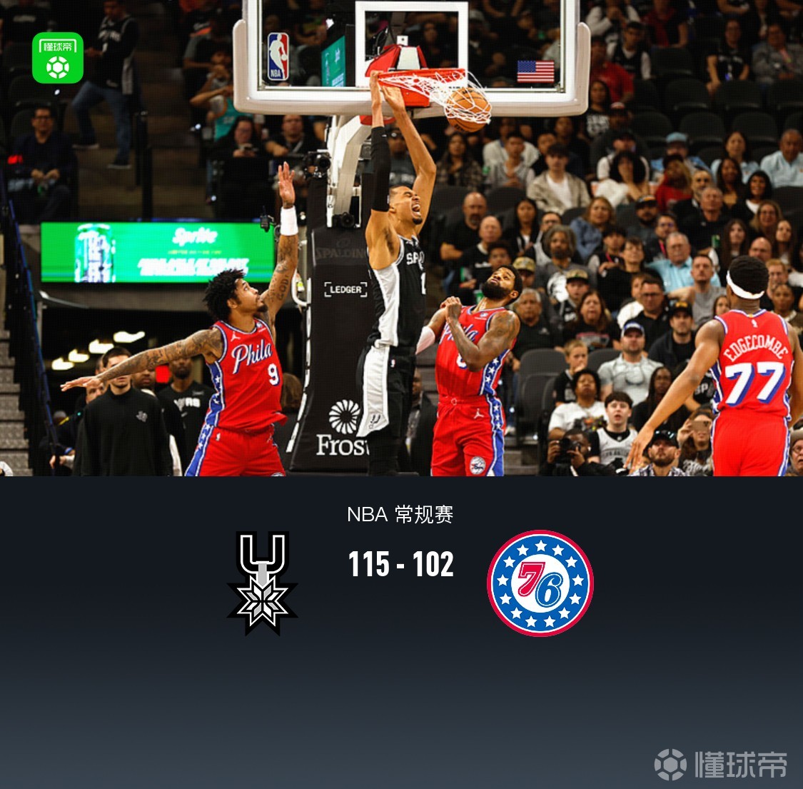 马刺115-102力克76人，文班伤退，恩比德空砍34分