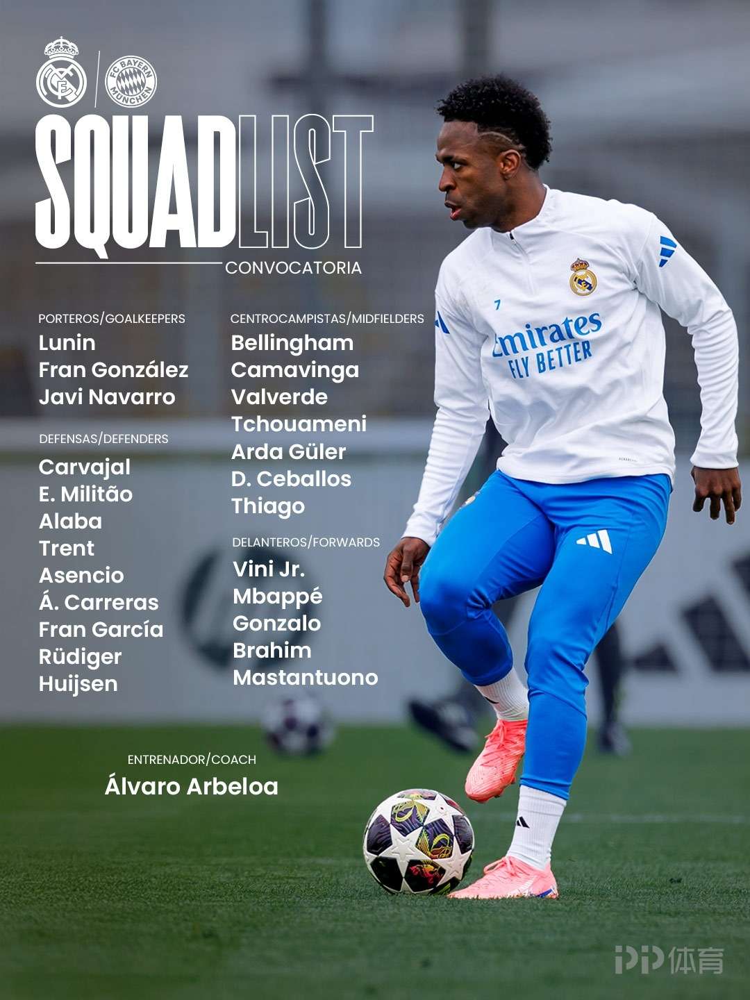 皇马公布欧冠对阵拜仁名单：维尼修斯、姆巴佩领衔