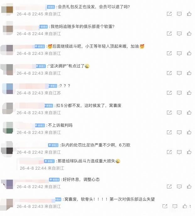 米特里策被队内罚6万欧，许多浙江球迷在公告评论区表示对俱乐部失望