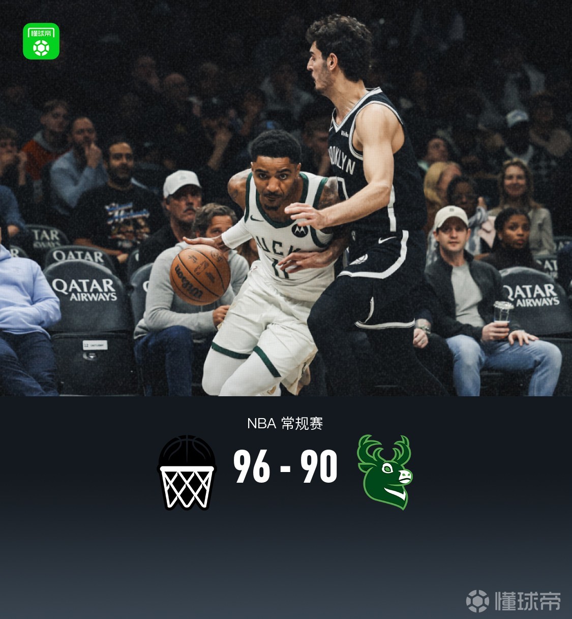 篮网96-90险胜雄鹿，里德尔21分，AJ-格林20+6