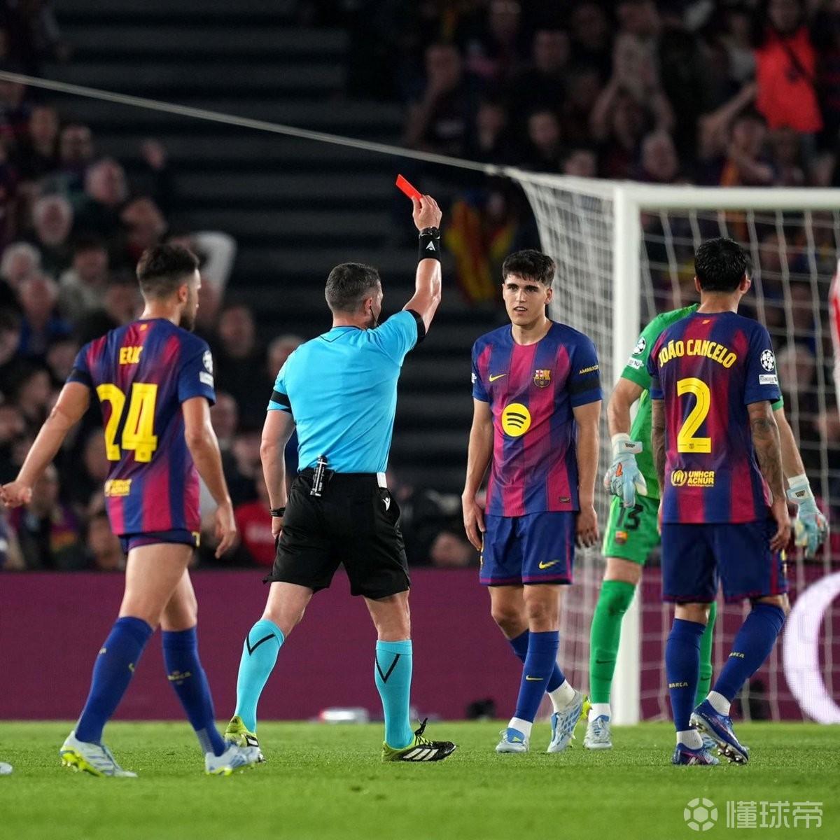 欧冠近10个赛季巴萨吃到12张红牌，同期所有球队最多