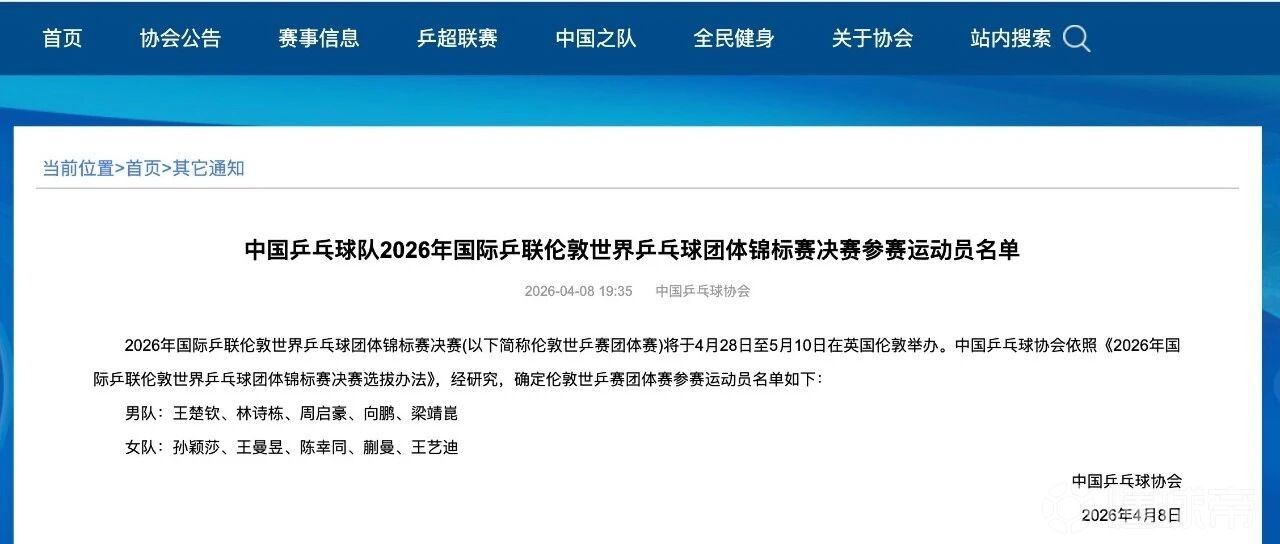 中国乒协公布伦敦世乒赛参赛名单：王楚钦领衔，樊振东缺席